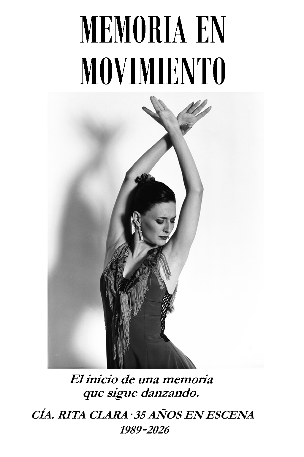 “Rita Clara – Fotografía histórica (Memoria en movimiento)” “Fotografía histórica de Rita Clara en pose flamenca, brazos cruzados y expresión intensa.”